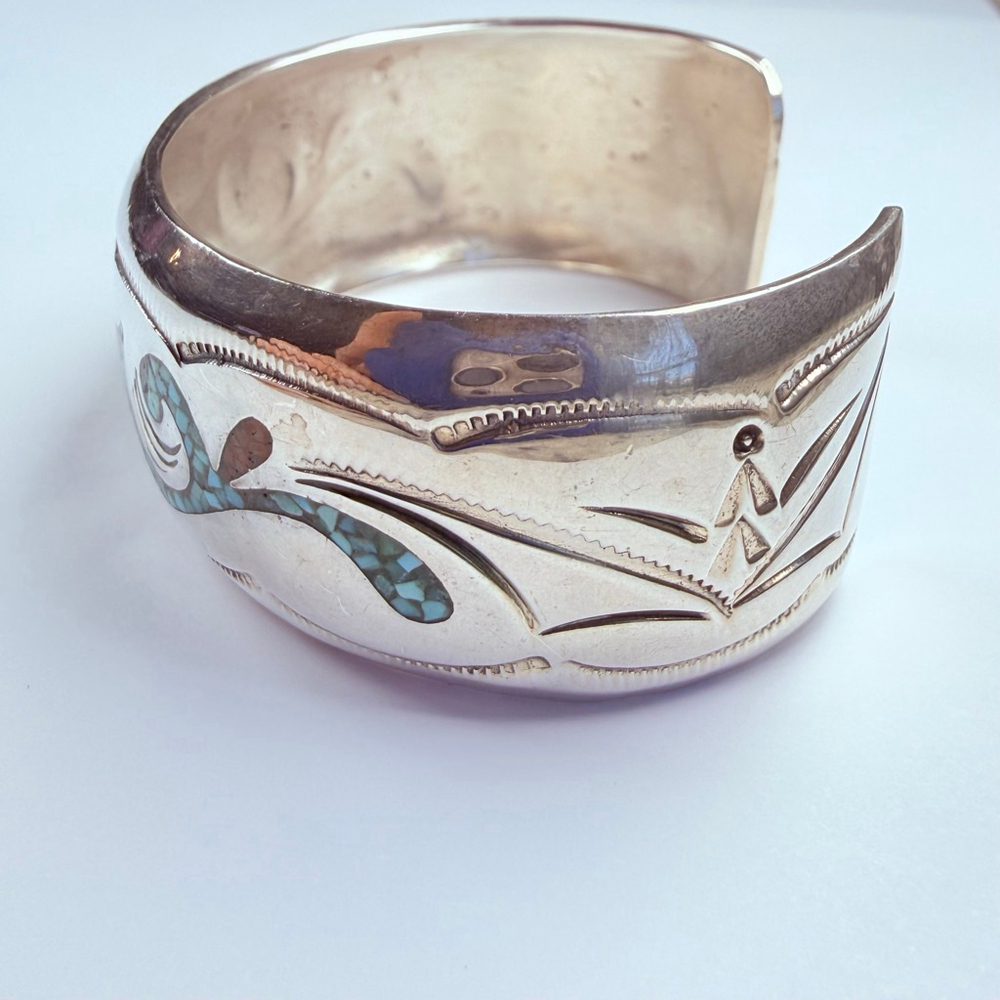 Native American Navajo Turquoise & Coral Sterling Silver BIG VTG Cuff Bracelet - Picture 5 of 11